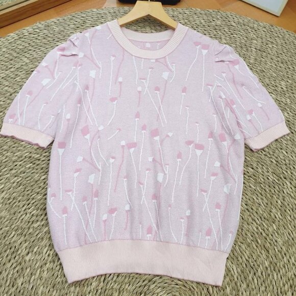 Tops - Pink Short Sleeve Knit Top with White Floral Pattern